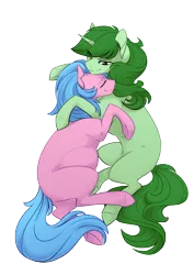Size: 2480x3508 | Tagged: safe, artist:basykail, derpibooru import, aloe, oc, oc:rose compass, changeling, earth pony, pony, unicorn, canon x oc, eyes closed, high res, hug, image, love, lying down, png, pregnant, side, simple background, smiling, spa pony, transparent background, underhoof