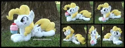 Size: 4515x1754 | Tagged: safe, artist:peruserofpieces, derpibooru import, surprise, pegasus, pony, beanie (plushie), cupcake, cute, female, food, image, irl, looking at you, lying down, mare, mouth hold, photo, plushie, png, prone, smiling, smiling at you, solo, sploot, tree, wings