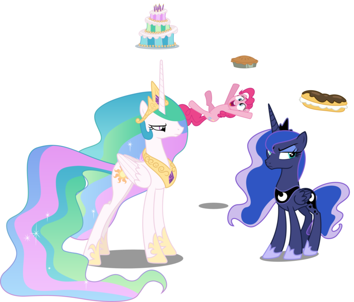 Size: 4926x4204 | Tagged: safe, artist:cloudyglow, artist:korikian, artist:phucknuckl, artist:pikamander2, artist:sketchmcreations, artist:yetioner, derpibooru import, edit, editor:slayerbvc, vector edit, pinkie pie, princess celestia, princess luna, alicorn, earth pony, pony, argument, cake, cakelestia, crown, eclair, female, food, hoof shoes, image, jewelry, looking away, looking down, mare, peytral, pictogram, pie, png, regalia, simple background, speech bubble, transparent background, vector