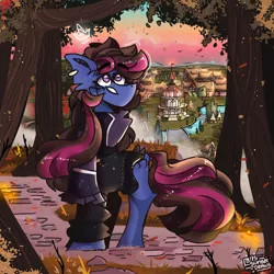 Size: 3000x3000 | Tagged: safe, artist:its_sunsetdraws, derpibooru import, oc, oc:sketch, earth pony, firefly (insect), insect, pony, cheek fluff, clothes, cloud, cloudy, commission, commissioned art, digital art, forest, forest background, hoodie, houses, image, looking up, png, ponyville, ponyville town hall, scarf, smiling, solo, sunset, sunset sky, tree