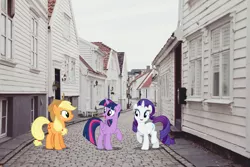 Size: 2560x1707 | Tagged: safe, artist:dashiesparkle, artist:itv-canterlot, derpibooru import, applejack, rarity, twilight sparkle, twilight sparkle (alicorn), alicorn, earth pony, pony, unicorn, female, houses, image, irl, mare, photo, png, ponies in real life, story included, trio, village
