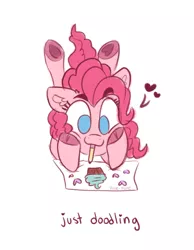 Size: 700x900 | Tagged: safe, artist:pink-pone, derpibooru import, earth pony, pony, cloven hooves, cupcake, doodle, food, heart, image, lying down, mouth hold, pencil, png, smiling, solo