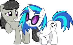 Size: 3111x1927 | Tagged: safe, artist:emedina13, derpibooru import, edit, edited screencap, editor:slayerbvc, screencap, octavia melody, vinyl scratch, earth pony, pony, unicorn, accessory-less edit, duo, duo female, female, giggling, image, mare, missing accessory, not a vector, png, raised hoof, simple background, smiling, sunglasses, transparent background, vector