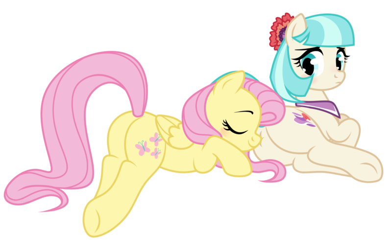 Size: 1888x1156 | Tagged: safe, artist:nika-rain, derpibooru import, coco pommel, fluttershy, earth pony, pegasus, pony, butt, butt pillow, cocoshy, commission, cute, female, hatbutt, image, lesbian, png, shipping, simple background