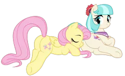 Size: 1888x1156 | Tagged: safe, artist:nika-rain, derpibooru import, coco pommel, fluttershy, earth pony, pegasus, pony, butt, butt pillow, cocoshy, commission, cute, female, hatbutt, image, lesbian, png, shipping, simple background
