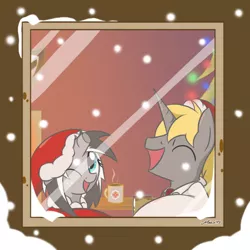 Size: 800x800 | Tagged: safe, artist:srmario, derpibooru import, oc, oc:doctiry, oc:doom, pony, unicorn, broken horn, bust, christmas, christmas tree, duo, eyelashes, female, hat, holiday, horn, image, indoors, male, mare, mug, one eye closed, png, santa hat, smiling, snow, stallion, tree, unicorn oc, wink