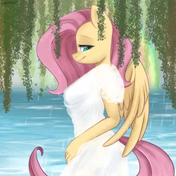 Size: 2200x2200 | Tagged: safe, artist:chickenbrony, derpibooru import, fluttershy, anthro, pegasus, clothes, cute, daaaaaaaaaaaw, dress, image, lidded eyes, looking at you, png, shyabetes, smiling, solo, spread wings, wet, wet mane, wings