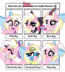 Size: 1852x2048 | Tagged: safe, artist:emberslament, derpibooru import, oc, oc:bay breeze, unofficial characters only, kirin, pegasus, pony, six fanarts, annoyed, bow, bust, cheerleader, clothes, eyelashes, female, filly, frown, goth, hair bow, image, jpeg, kirinified, makeup, mare, pegasus oc, smiling, species swap, uniform, wings, wonderbolts uniform