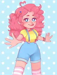 Size: 1430x1877 | Tagged: safe, artist:pinkbu__, derpibooru import, pinkie pie, equestria girls, :p, blue background, candy, clothes, cute, diapinkes, female, food, hairclip, image, jpeg, lollipop, looking at you, overalls, polka dot background, simple background, socks, solo, striped socks, suspenders, tongue out