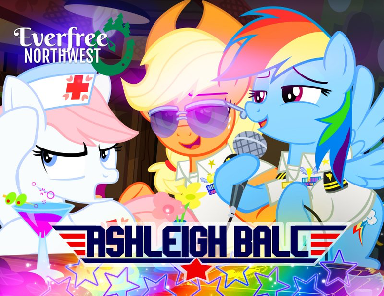 Size: 800x617 | Tagged: safe, artist:pixelkitties, derpibooru import, applejack, nurse redheart, rainbow dash, earth pony, pegasus, pony, annoyed, ashleigh ball, aviator glasses, badge, clothes, covering ears, drink, epaulettes, everfree northwest, eyebrows, female, flower, hat, holding, image, lidded eyes, mare, meta, microphone, nurse hat, olive, open mouth, patches, pixelkitties' brilliant autograph media artwork, png, shirt, show accurate, smiling, spread wings, stars, sunglasses, text, trio, trio female, uniform, vase, white shirt, wings, wonderbolts, wonderbolts uniform