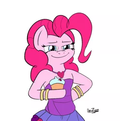 Size: 3056x3072 | Tagged: safe, artist:datzigga, derpibooru import, pinkie pie, earth pony, pony, bracelet, clothes, cupcake, food, hoof on hip, image, jewelry, png, smug, smugpie