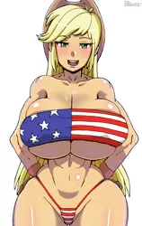 Size: 500x789 | Tagged: suggestive, artist:tsudashie, derpibooru import, applejack, equestria girls, abs, american flag bikini, applebucking thighs, big breasts, blonde hair, blushing, breasts, busty applejack, cleavage, clothes, cowboy hat, female, flag bikini, gloves, hand on hip, hat, huge breasts, image, long hair, looking at you, open mouth, png, simple background, smiling, solo, solo female, swimsuit, thighs, thong swimsuit, thunder thighs, underboob, white background, wide hips