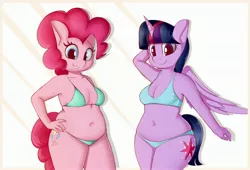 Size: 3088x2106 | Tagged: suggestive, artist:andelai, derpibooru import, pinkie pie, twilight sparkle, alicorn, anthro, earth pony, abstract background, belly, belly button, bikini, bra, breasts, chubbie pie, chubby, chubby twilight, clothes, curvy, duo, duo female, extra thicc, female, hand on hip, image, jpeg, panties, plump, reasonably sized breasts, smiling, swimsuit, thighs, thunder thighs, underwear, wide hips