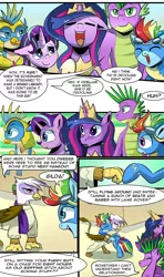 Size: 1280x2166 | Tagged: safe, artist:candyclumsy, derpibooru import, gallus, gilda, rainbow dash, spike, starlight glimmer, twilight sparkle, twilight sparkle (alicorn), alicorn, dragon, gryphon, pegasus, pony, unicorn, comic:revolution of harmony, the last problem, armor, clothes, female, flashback, hoofbump, image, implied ocellus, jpeg, library, male, mare, older, older spike, royal guard, royal guard gallus, uniform, wonderbolts uniform