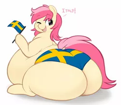 Size: 1330x1155 | Tagged: suggestive, artist:montsundere, derpibooru import, oc, oc:sunny colada, unofficial characters only, earth pony, pony, belly, big belly, butt, clothes, dialogue, dock, fat, female, flag, flag waving, freckles, huge belly, huge butt, image, italy, jpeg, large butt, missing cutie mark, one eye closed, panties, raised tail, rear view, simple background, sitting, solo, solo female, squishy, sweden, tail, underwear, white background