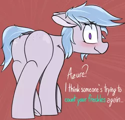 Size: 2668x2546 | Tagged: suggestive, artist:pinkberry, derpibooru import, oc, oc:winter azure, earth pony, pony, blushing, butt freckles, colt, commission, dialogue, femboy, floppy ears, foalcon, freckles, girly, image, looking at you, looking back, looking back at you, male, png, raised hoof, solo, text, trap, underage