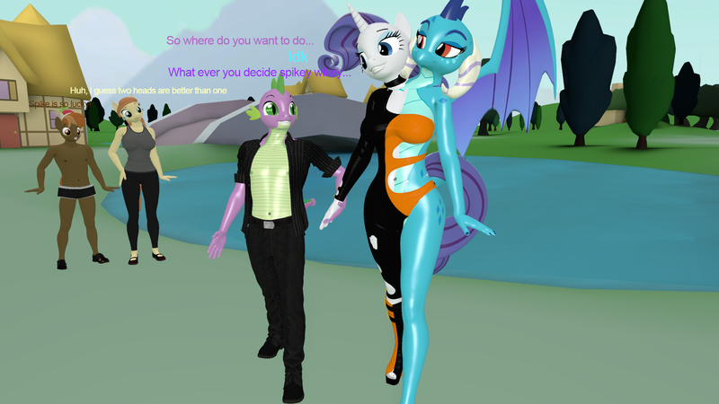 Size: 1920x1080 | Tagged: safe, derpibooru import, button mash, princess ember, rarity, spike, oc, oc:cream heart, anthro, 3d, bisexual, conjoined, female, image, lesbian, male, multiple heads, png, polyamory, shipping, source filmmaker, sparember, straight, two heads