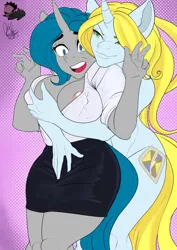 Size: 2480x3508 | Tagged: suggestive, artist:gabocomics, derpibooru import, oc, oc:graceful charity, oc:snapshot, alicorn, anthro, unicorn, alicorn oc, ambiguous race, arms in the air, bedroom eyes, big breasts, blouse, breasts, businessmare, clothed female nude female, clothes, commission, cutie mark, erect nipples, female, grope, horn, image, lesbian, nipple outline, nipple slip, nipples, nudity, open clothes, open mouth, open shirt, png, skirt, smiling, smirk, startled, surprised, unicorn oc, wardrobe malfunction, wide eyes, wings, ych result, your character here