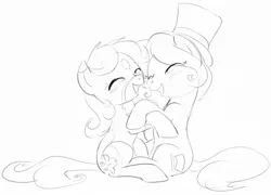 Size: 1068x770 | Tagged: safe, artist:dotkwa, derpibooru import, oc, oc:dotmare, oc:hattsy, unofficial characters only, earth pony, pony, duo, eyes closed, female, grayscale, hat, hug, image, jpeg, mare, monochrome, simple background, sitting, top hat, white background