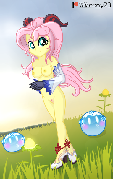 Size: 1294x2034 | Tagged: questionable, artist:tabrony23, derpibooru import, fluttershy, equestria girls, beautiful, breasts, clothes, cosplay, costume, cute, cute porn, female, ganyu (genshin impact), genshin impact, gloves, high res, horns, image, looking at you, nipples, nudity, patreon, patreon logo, png, sexy, shoes, slimes (genshin impact), solo, stupid sexy fluttershy