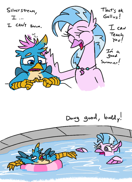 Size: 771x1058 | Tagged: safe, artist:jargon scott, derpibooru import, gallus, silverstream, classical hippogriff, gryphon, hippogriff, seapony (g4), dialogue, duo, female, head pat, image, inner tube, male, pat, png, simple background, swimming, swimming pool, white background