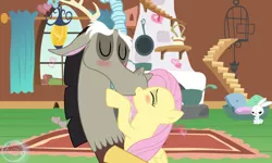 Size: 1000x600 | Tagged: safe, artist:pizza lord, derpibooru import, angel bunny, discord, fluttershy, discoshy, female, floating heart, fluttershy's cottage, heart, image, jpeg, kissing, male, shipping, show accurate, straight