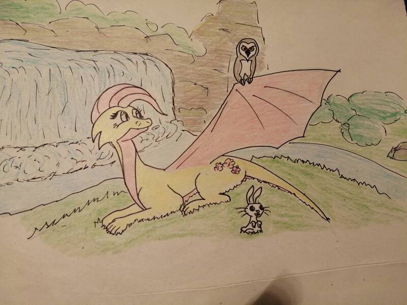 Size: 1040x780 | Tagged: safe, artist:insert-artistic-nick, derpibooru import, angel bunny, fluttershy, bird, dragon, owl, rabbit, animal, dragonified, flutterdragon, image, jpeg, lying down, prone, species swap, traditional art, waterfall