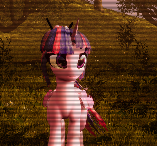 Size: 772x722 | Tagged: safe, artist:valiant studios, derpibooru import, twilight sparkle, alicorn, pony, 3d, chopsticks, dimensional shift, female, image, mare, nature, png, scan lines, solo, unreal engine, video game, walking