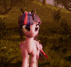 Size: 772x722 | Tagged: safe, artist:valiant studios, derpibooru import, twilight sparkle, alicorn, pony, 3d, chopsticks, dimensional shift, female, image, mare, nature, png, scan lines, solo, unreal engine, video game, walking