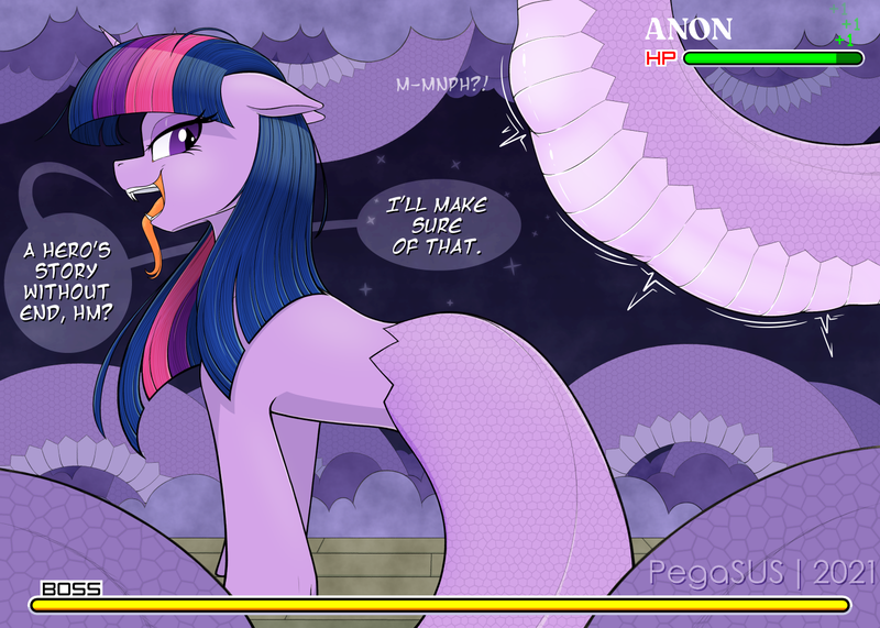 Size: 1400x1000 | Tagged: suggestive, artist:suspega, derpibooru import, twilight sparkle, oc, oc:anon, lamia, original species, pony, bulges, cloud, constellation, dialogue, echidna wars dx, endosoma, fangs, female, floppy ears, health bars, image, implied anon, impossibly long tail, life bar, long tail, muffled moaning, night, night sky, non-fatal vore, ouroboros (echidna wars dx), png, reference, sky, smiling, snake tail, soft vore, struggling, tail bulge, tongue out, twipred, video game, vore, word balloon