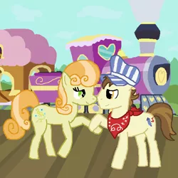 Size: 600x600 | Tagged: safe, derpibooru import, junebug, steamer, earth pony, pony, derpibooru exclusive, female, friendship express, holding hooves, image, locomotive, looking at each other, male, png, shipping, smiling, steam, steam train, straight, train, train engineer, train station
