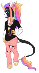 Size: 700x1295 | Tagged: safe, artist:lavvythejackalope, derpibooru import, oc, unofficial characters only, anthro, unguligrade anthro, unicorn, clothes, hoof polish, horn, image, leonine tail, male, multicolored hair, pants, peace symbol, png, rainbow hair, torn clothes, unicorn oc