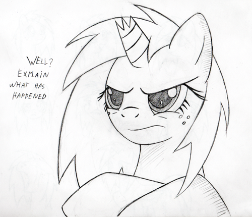 Size: 500x430 | Tagged: safe, artist:srmario, derpibooru import, oc, unofficial characters only, pony, unicorn, broken horn, bust, crossed arms, female, freckles, frown, grayscale, horn, image, lineart, mare, monochrome, png, simple background, solo, talking, traditional art, unicorn oc, white background