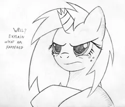 Size: 500x430 | Tagged: safe, artist:srmario, derpibooru import, oc, unofficial characters only, pony, unicorn, broken horn, bust, crossed arms, female, freckles, frown, grayscale, horn, image, lineart, mare, monochrome, png, simple background, solo, talking, traditional art, unicorn oc, white background