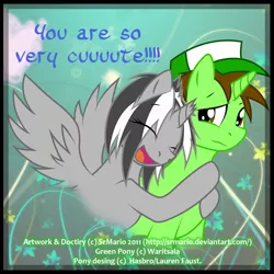 Size: 1500x1500 | Tagged: safe, artist:srmario, derpibooru import, oc, unofficial characters only, alicorn, pony, unicorn, abstract background, alicorn oc, broken horn, eyelashes, eyes closed, female, hat, horn, hug, image, male, mare, png, smiling, stallion, talking, unicorn oc, wings