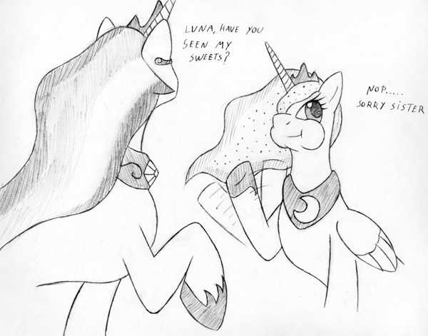 Size: 600x471 | Tagged: safe, artist:srmario, derpibooru import, princess celestia, princess luna, alicorn, pony, bust, dialogue, duo, ethereal mane, eyelashes, female, grayscale, hair over one eye, hoof shoes, horn, image, jewelry, lineart, mare, monochrome, peytral, png, simple background, smiling, starry mane, tiara, traditional art, waving, white background, wings