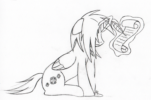 Size: 500x333 | Tagged: safe, artist:srmario, derpibooru import, oc, unofficial characters only, alicorn, pony, alicorn oc, crying, glowing horn, grayscale, horn, image, lineart, magic, monochrome, png, quill, sad, scroll, simple background, telekinesis, traditional art, white background, wings