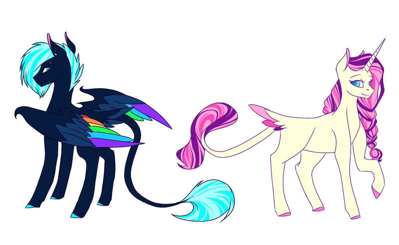 Size: 2048x1256 | Tagged: safe, artist:artfestation, derpibooru import, oc, unofficial characters only, alicorn, pegasus, pony, alicorn oc, braid, butt wings, colored hooves, colored wings, duo, horn, image, jpeg, magical lesbian spawn, multicolored wings, offspring, parent:fluttershy, parent:princess luna, parent:rainbow dash, parent:rarity, parents:flarity, parents:lunadash, pegasus oc, rainbow wings, raised hoof, simple background, white background, wings