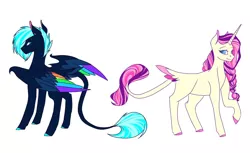 Size: 2048x1256 | Tagged: safe, artist:artfestation, derpibooru import, oc, unofficial characters only, alicorn, pegasus, pony, alicorn oc, braid, butt wings, colored hooves, colored wings, duo, horn, image, jpeg, magical lesbian spawn, multicolored wings, offspring, parent:fluttershy, parent:princess luna, parent:rainbow dash, parent:rarity, parents:flarity, parents:lunadash, pegasus oc, rainbow wings, raised hoof, simple background, white background, wings