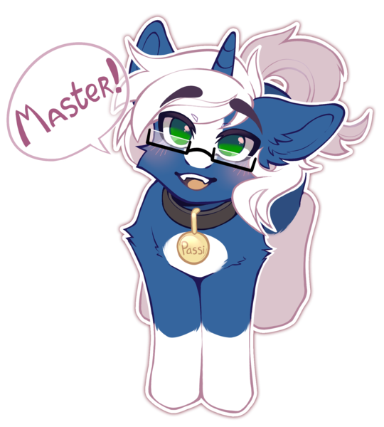 Size: 1774x1972 | Tagged: safe, artist:faract, derpibooru import, oc, oc:passi deeper, unofficial characters only, pony, unicorn, blushing, coat markings, collar, colored pupils, dialogue, eyebrows, eyebrows visible through hair, floppy ears, glasses, green eyes, happy, horn, image, looking at you, looking up, male, master, open mouth, pet play, png, pony pet, shy, simple background, smiling, smiling at you, socks (coat marking), solo, stallion, standing, tail, text, transparent background, unicorn oc