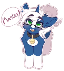 Size: 1774x1972 | Tagged: safe, artist:faract, derpibooru import, oc, oc:passi deeper, unofficial characters only, pony, unicorn, blushing, coat markings, collar, colored pupils, dialogue, eyebrows, eyebrows visible through hair, floppy ears, glasses, green eyes, happy, horn, image, looking at you, looking up, male, master, open mouth, pet play, png, pony pet, shy, simple background, smiling, smiling at you, socks (coat marking), solo, stallion, standing, tail, text, transparent background, unicorn oc