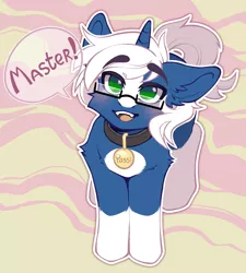 Size: 1774x1972 | Tagged: safe, artist:faract, derpibooru import, oc, oc:passi deeper, unofficial characters only, pony, unicorn, abstract background, blushing, coat markings, collar, colored pupils, dialogue, eyebrows, eyebrows visible through hair, floppy ears, glasses, green eyes, happy, horn, image, looking at you, looking up, male, master, open mouth, pet play, png, pony pet, shy, smiling, smiling at you, socks (coat marking), solo, stallion, standing, tail, text, unicorn oc