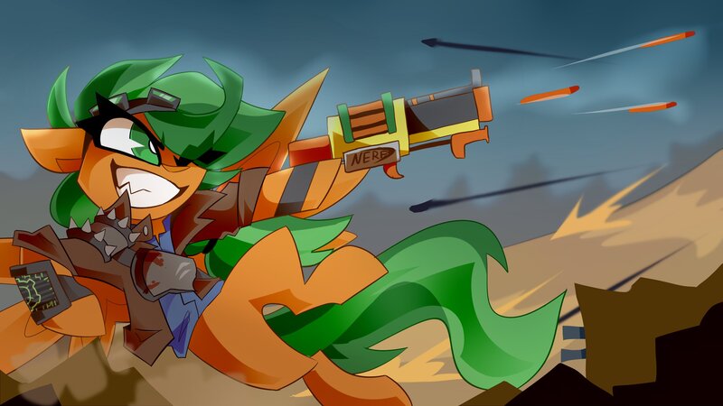 Size: 2560x1440 | Tagged: safe, artist:nekosnicker, derpibooru import, oc, oc:atom smasher, unofficial characters only, pegasus, pony, fallout equestria, image, jpeg, nerf gun, solo