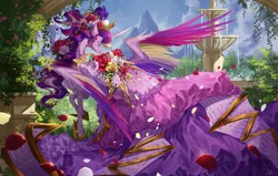 Size: 4500x2860 | Tagged: safe, artist:makkah, artist:mmgrace, derpibooru import, princess cadance, alicorn, pony, alternate hairstyle, clothes, colored wings, dress, female, flower, flower in hair, fountain, garden, image, jpeg, mare, multicolored wings, petals, rose, solo, solo female, spread wings, wings