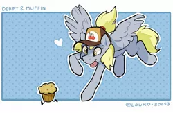 Size: 2000x1300 | Tagged: safe, artist:matterproblem, derpibooru import, derpy hooves, pegasus, pony, cap, cute, derpabetes, flying, food, hat, heart, image, jpeg, muffin, that pony sure does love muffins, tongue out