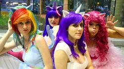 Size: 700x394 | Tagged: safe, artist:dust-bunny, derpibooru import, pinkie pie, rainbow dash, rarity, twilight sparkle, human, clothes, cosplay, costume, image, irl, irl human, jewelry, jpeg, necklace, otakon, otakon 2012, photo, tongue out