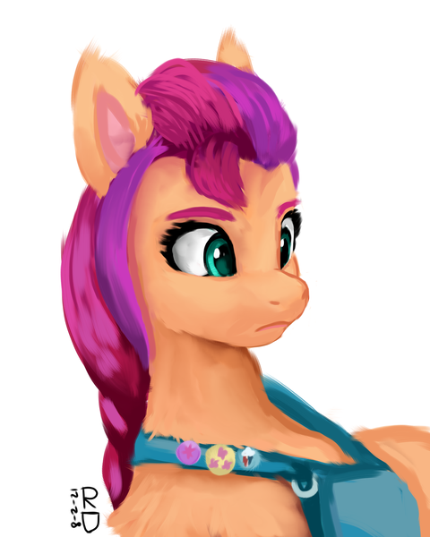 Size: 4000x5000 | Tagged: safe, artist:raphaeldavid, derpibooru import, sunny starscout, earth pony, pony, absurd resolution, badge, bag, braid, female, g5, image, looking back, mare, png, signature, simple background, solo, white background