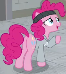 Size: 600x675 | Tagged: safe, derpibooru import, screencap, pinkie pie, earth pony, pony, season 9, the last laugh, spoiler:s09, butt, clothes, cropped, female, image, mare, plot, png, raised hoof