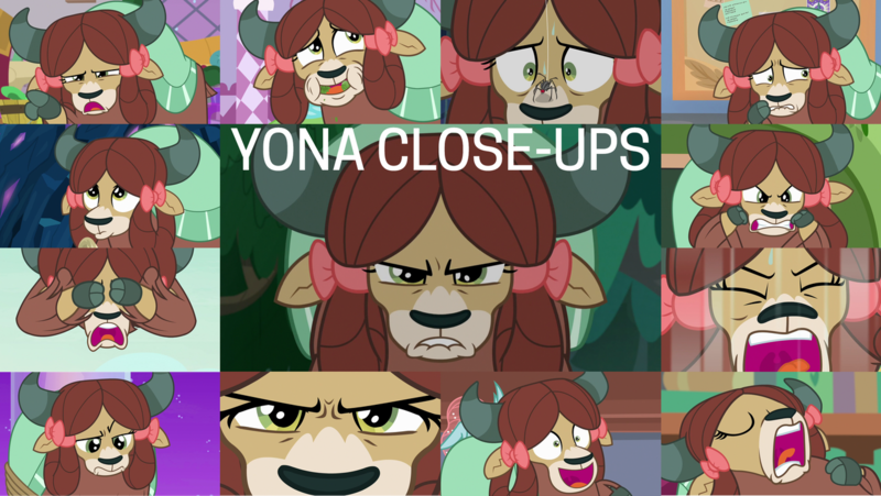 Size: 1280x722 | Tagged: safe, derpibooru import, edit, edited screencap, editor:quoterific, screencap, yona, yak, season 8, season 9, she's all yak, spoiler:s08, spoiler:s09, angry, be my friend, close-up, image, png, scared, unamused, yak smash, yona is not amused