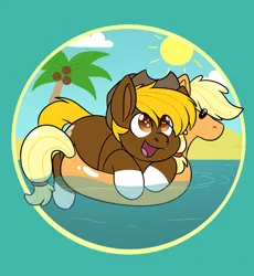 Size: 4072x4424 | Tagged: safe, artist:rokosmith26, derpibooru import, applejack, oc, oc:acres, unofficial characters only, earth pony, pony, beach, blonde mane, blonde tail, brown coat, coat markings, coconut, commission, cowboy hat, earth pony oc, food, hat, image, inflatable, male, open mouth, palm tree, png, sand, smiling, solo, stallion, sun, tree, water, ych result